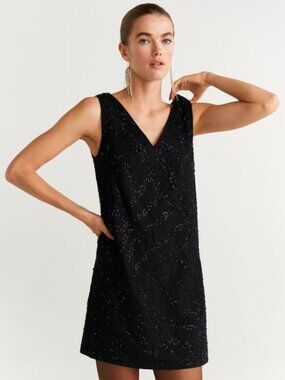 Mango Y2K Beaded Little Black Dress Sz 4 Minimalist Classic Chic Cocktail Dress